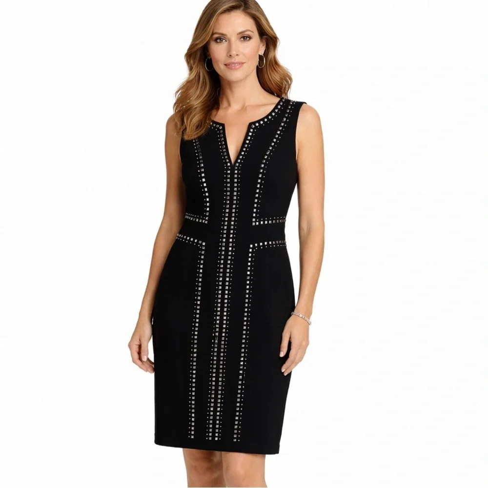 Joseph Ribcoff Studded Knit Sheath Dress Black and Silver Studs Size 8
